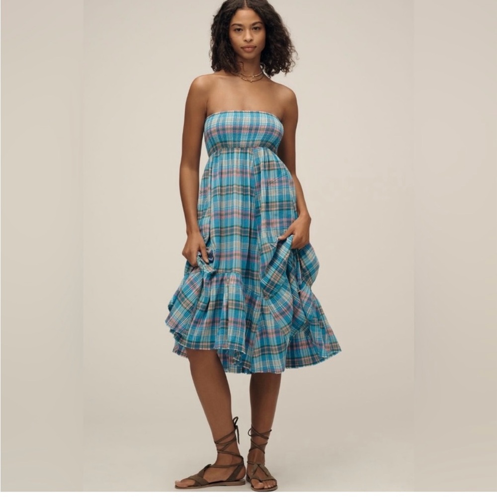 NWT Anthropologie Pilcro Strapless Blue and Pink Plaid Midi Dress W/Pocket Small